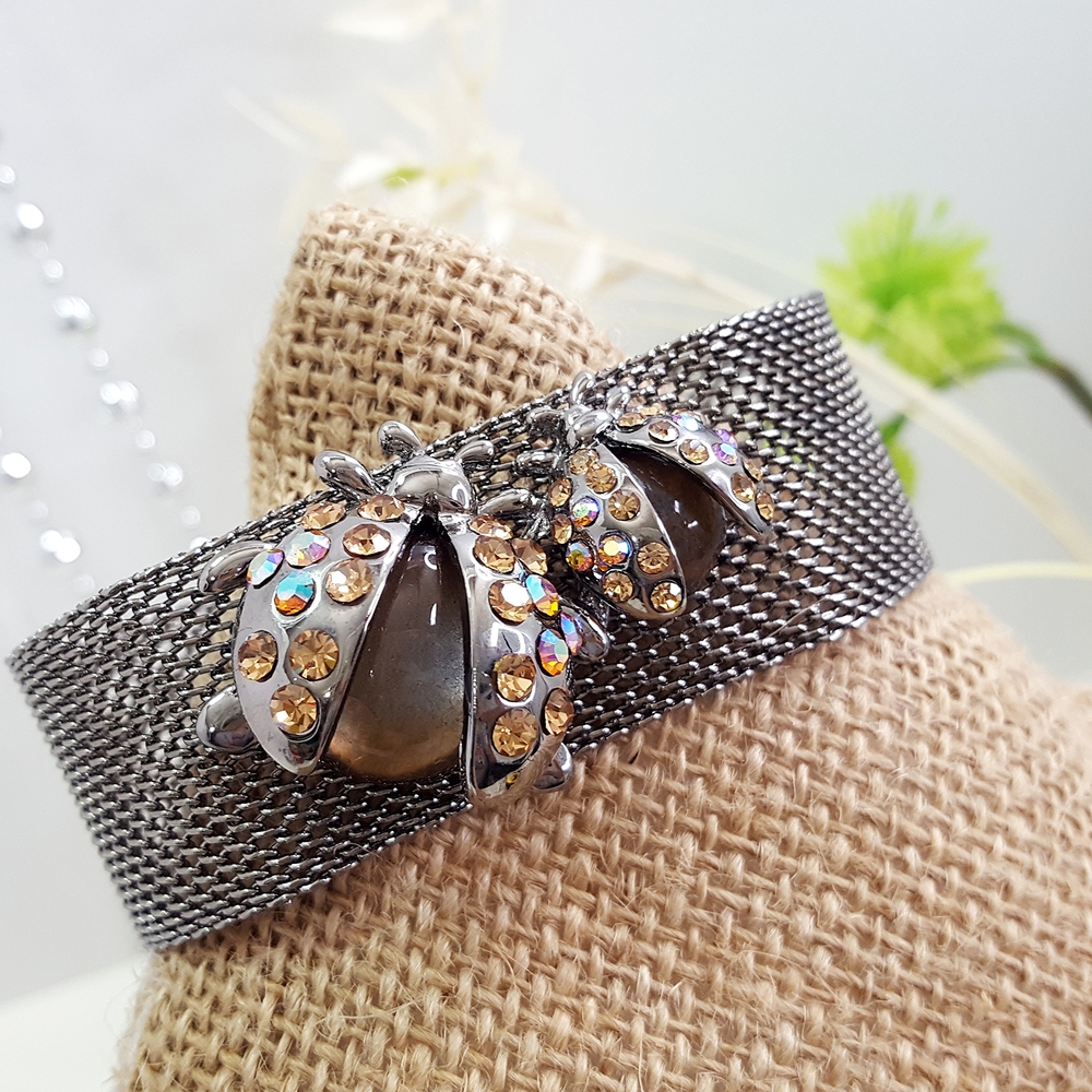 Retro🔥Chrome Flat Mesh Bracelet with Ladybugs Accent| Colorful Rhinestones